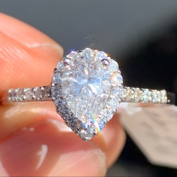 Platinum Pear Cut Halo Diamond Ring - Picture 12 of 15